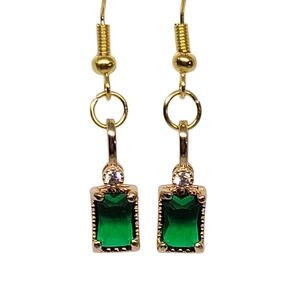 Emerald Glass and Gold Dangle Earrings